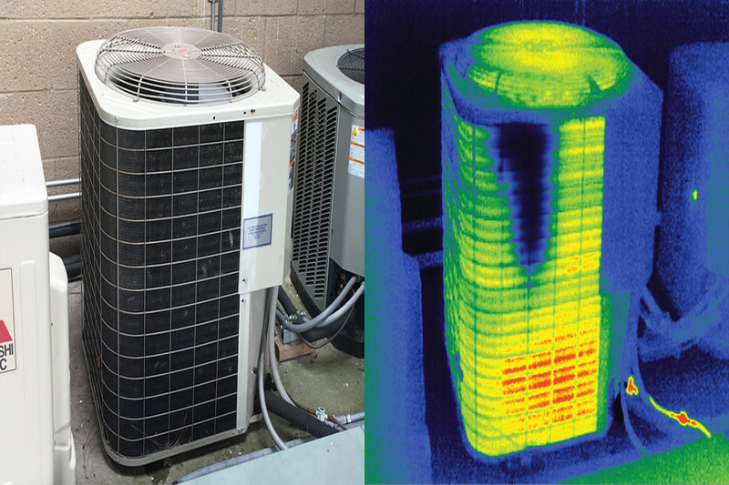 Visual picture of an A/C compressor on the left, with the thermal picture of the same unit on the right. The thermal picture shows a n unusual cold blue spot  on one side in the coil fin area.